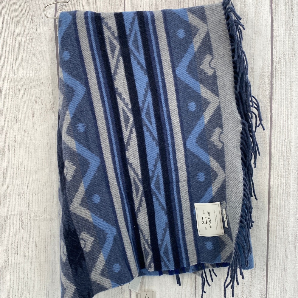 Woolrich Throw Blanket Blue Grey Geometric Made in Italy Fringed Southwestern